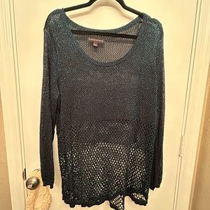 Rock & Republic Metallic Blue/Green Long Sleeve Mesh Sweater Top, XL